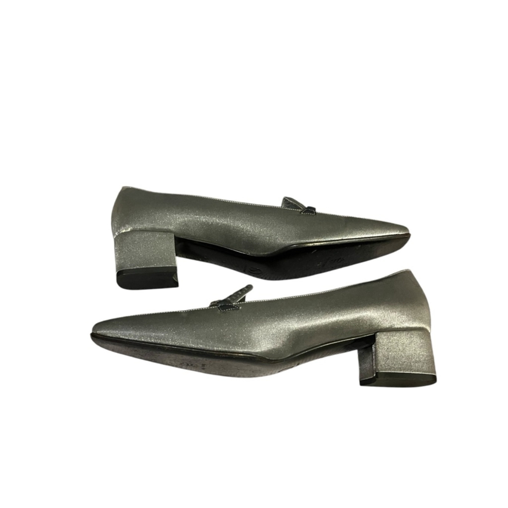 St. John Silver Metallic Square Toe Loafers Size 9M Block Heel Designer Shoes - Picture 9 of 11